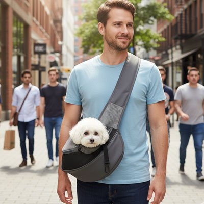 jeune homme porte caniche blanc dans Sac transport pour Chien en ville