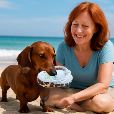 teckel joue avec jouet chien avec dame près de mer sur plage