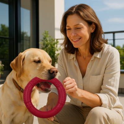 labrador beige tient jouet chien dans sa gueule et joue avec sa maitresse sur balcon en ete