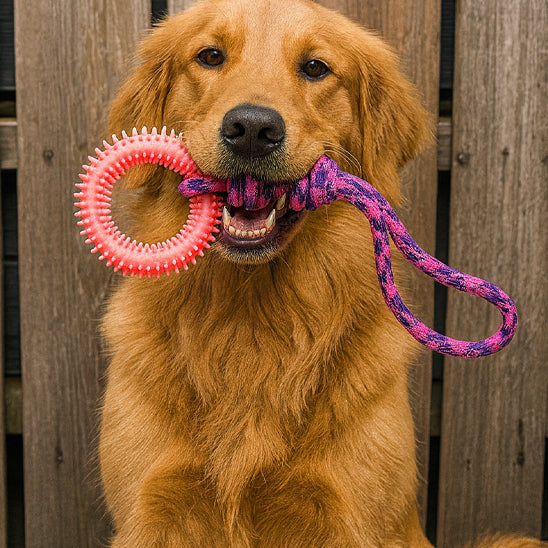 golden retriever joue avec jouet chien en corde