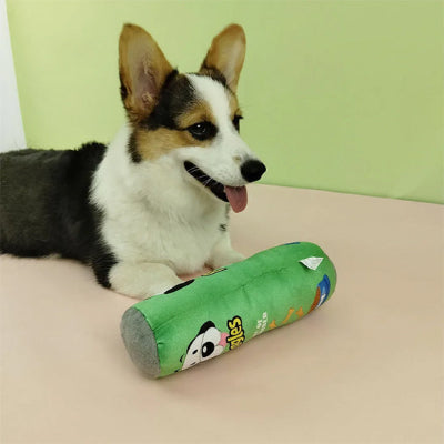 corgi est couche sur sol de maison derriere jouet chien