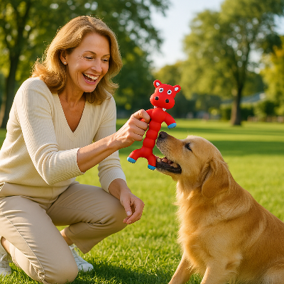 golden retriever joue avec dame avec jouet chien dans un parc