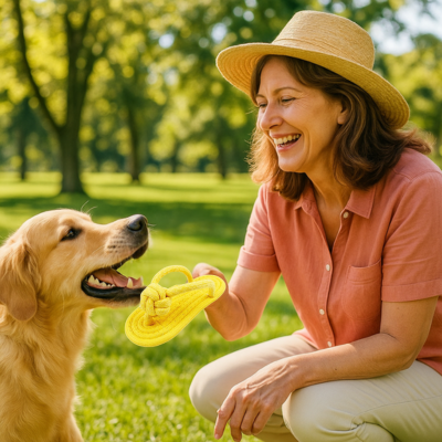dame avec golden retriever et tient jouet chien dans sa main