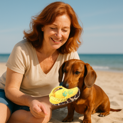 teckel joue avec jouet chien avec dame près de mer sur plage