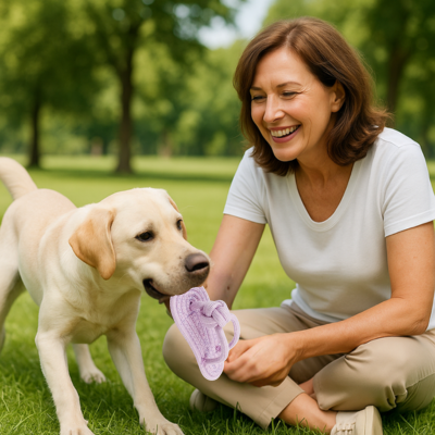 labrador blond avec jouet chien dans sa gueule est avec dame aux cheveux bruns