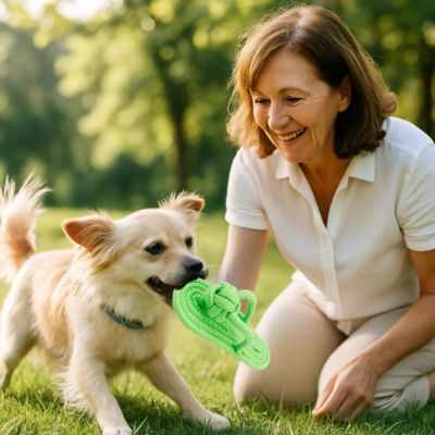 chihuahua poils longs blond avec jouet chien dans sa gueule est avec dame aux cheveux bruns