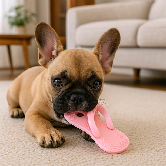 chiot frenchie joue avec jouet pour chien dans salon