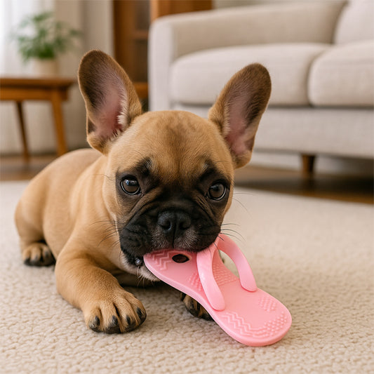 chiot frenchie joue avec jouet pour chien dans salon