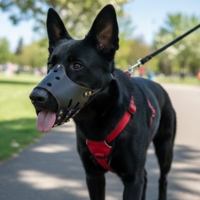 kelpie australien portant Muselière pour chien​ noire marche en laisse dans parc