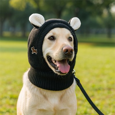 labrador blanc portant Bonnet chien​ est assis dans pré