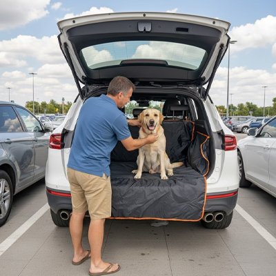 labrador blond assis sur Protection chien voiture arrière de SUV avec homme qui le cajole