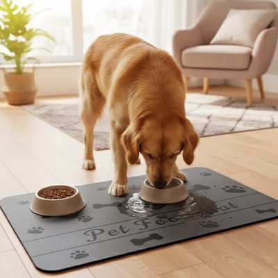labrador blond boit sur Tapis absorbant gamelle chien 