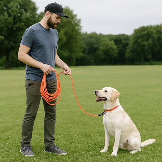 labrador blond en Laisse chien avec homme dans champs