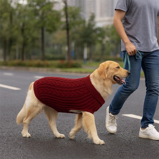 labrador blond porte Pull chien bordeaux en marchant avec jeune homme