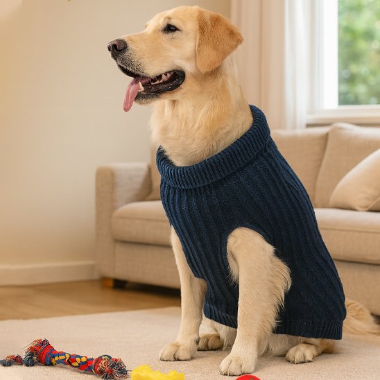 labrador blond porte Pull chien marine assis sur moquette 