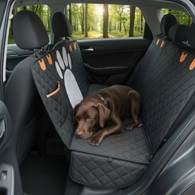 labrador chocolat est couché sur banquette arrière recouverte de Protection voiture chien​
