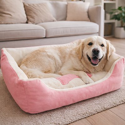 labrador est couché dans Panier Chien au sol sur moquette