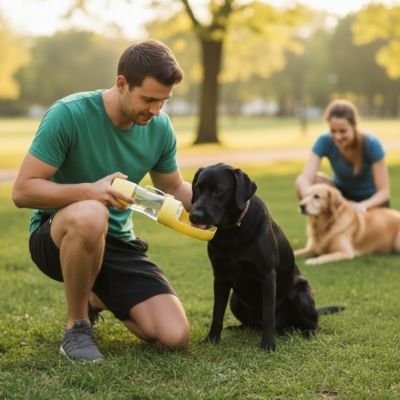 labrador noir avec homme dans un parc qui boit eau de la Gourde pour Chien et un golden retriever en arriere avec femme