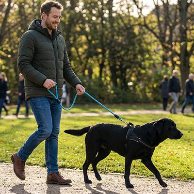 labrador noir en Longe Chien marche avec homme