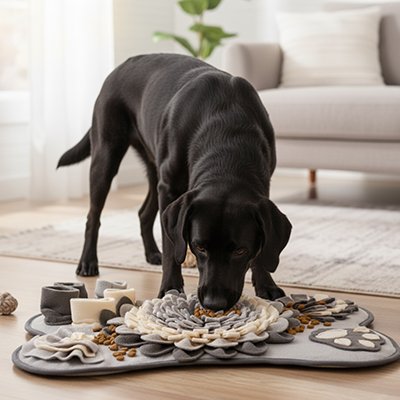 labrador noir joue avec Tapis de fouille chien