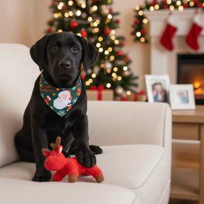 labrador noir portant Bandana Pour Chien est assis sur canapé