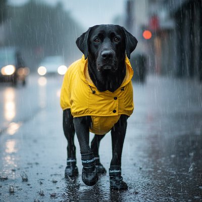 labrador noir portant Bottes pour chien marche dans rue sous pluie