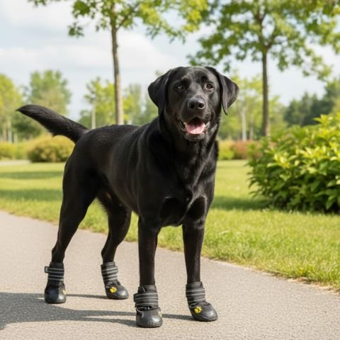 labrador noir portant Chaussure pour Chien est debout sur sentier pédestre