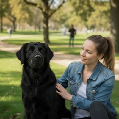 labrador noir portant Muselière pour chien​ est assis dans parc avec jeune femme