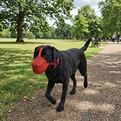 labrador noir portant Muselière pour chien marche sur sentier de pierres