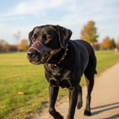 labrador noir portant Muselière pour chien​ marche sur chemin de campagne