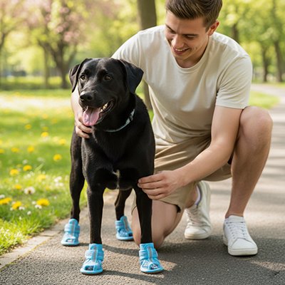 Labrador noir porte Chaussures chien bleues sur un sentier de parc avec homme