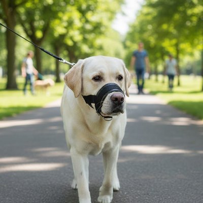 labrador portant Muselière pour chien​ bleue marche en laisse dans parc