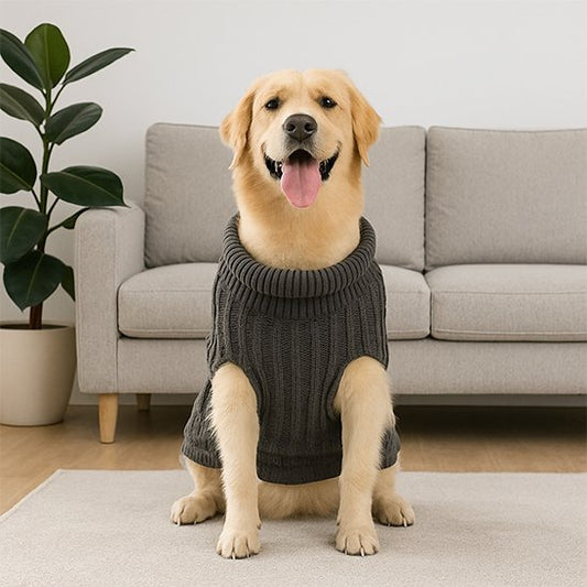 labrador porte Pull chien gris assis sur moquette blanche