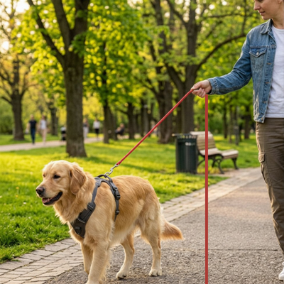 golden retriever en aisse chien rouge marche avec homme dans parc