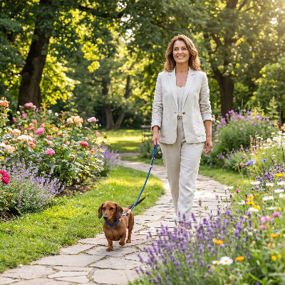 teckel portant laisse pour chien puplink marche dans parc avec dame