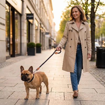 frenchie portant laisse pour chien puplink marche en ville avec dame
