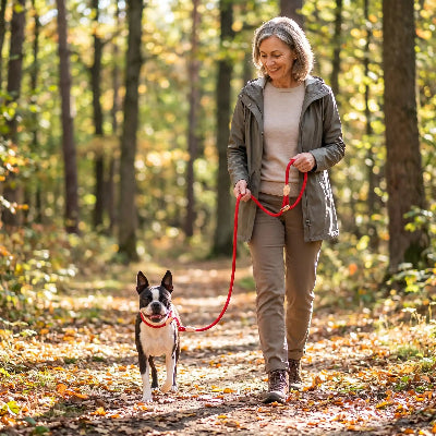 terrier boston portant laisse pour chien puplink marche en forêt avec dame