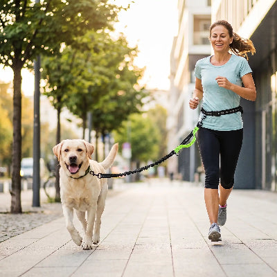 labrador portant laisse puppyropy court avec dame en ville