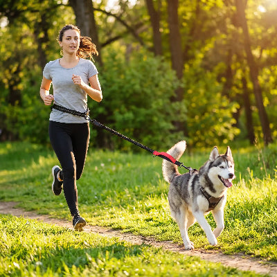 husky portant laisse puppyropy court en forêt avec dame