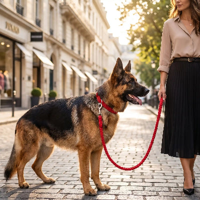 berger allemand qui porte une laisse puptie avec dame en juoe