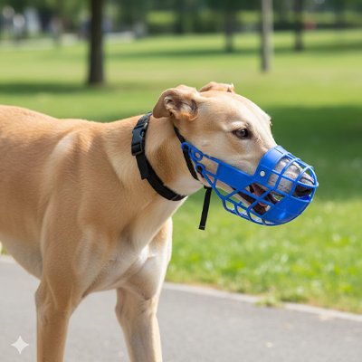 lévrier portant Muselière pour chien​ dans sentier de parc