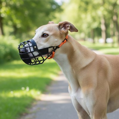 lévrier portant Muselière pour chien​ noire dans sentier de parc