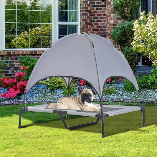 frenchie couché sous dôme du lit de camp pour chiens dans jardin de maison