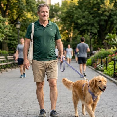 golden retriever en Longe Chien avec homme dans parc