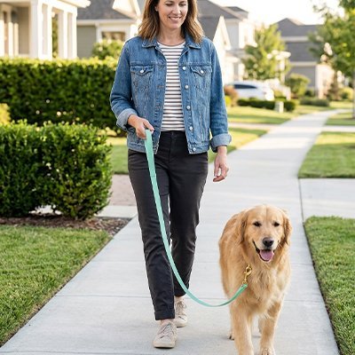 golden retriever en Longe Chien avec femme sur trottoir