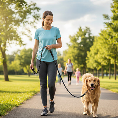 golden retriever en longe pour chien dans parc avec femme