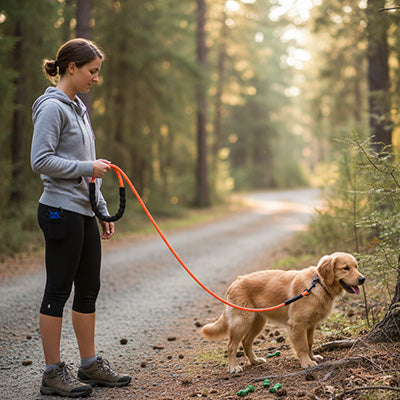 golden retriever en longe pour chien dans parc avec femme en automne