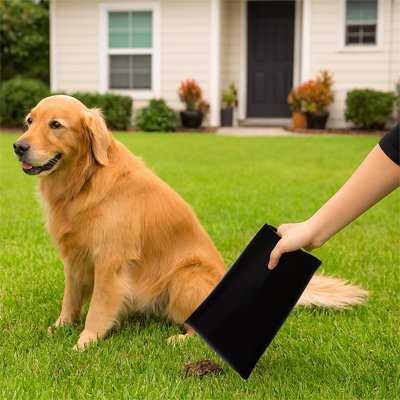 main tient Sac à crotte​ chien près de golden retriever 