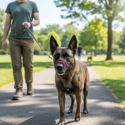 malinois portant Muselière pour chien​ bleue marche en laisse avec jeune homme