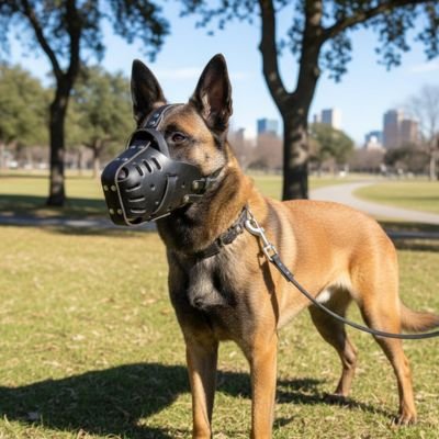malinois portant Muselière pour chien​ est en laisse dans parc
